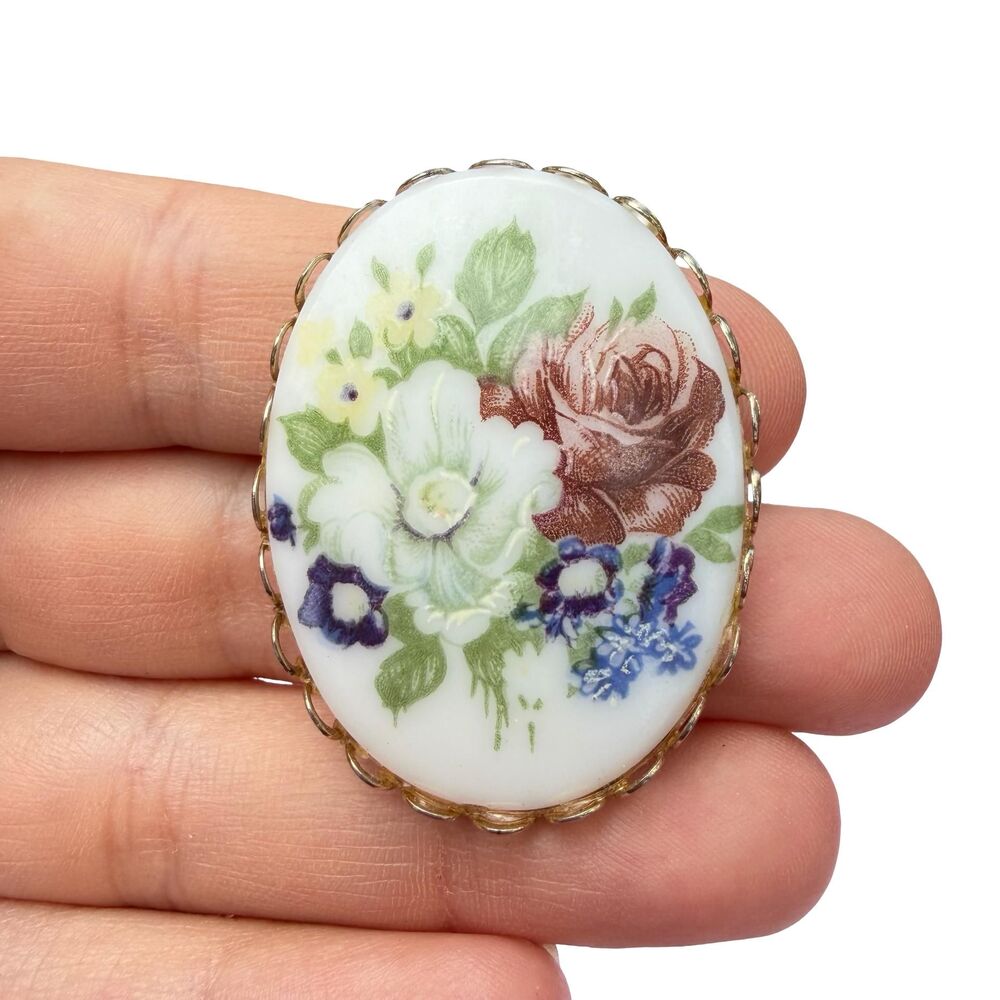 Hand Painted Floral Porcelain Oval Brooch Flower Cameo Pin